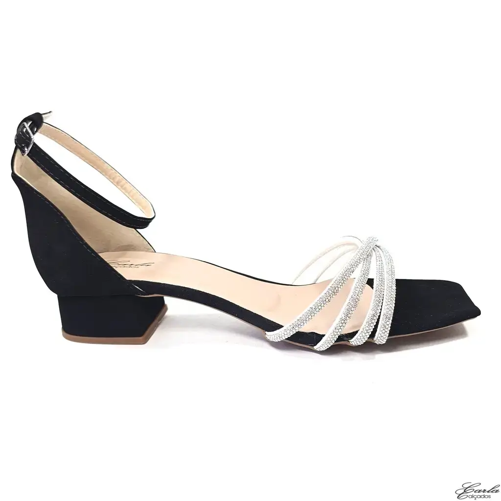 Sandália Preta Nobuck Strass 3cm Tamanho Especial
