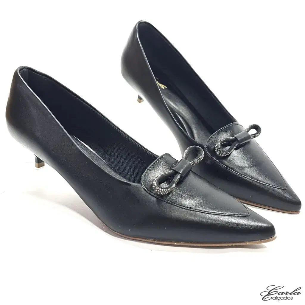 Scarpin Preto 3cm Laço Strass Numeração Especial