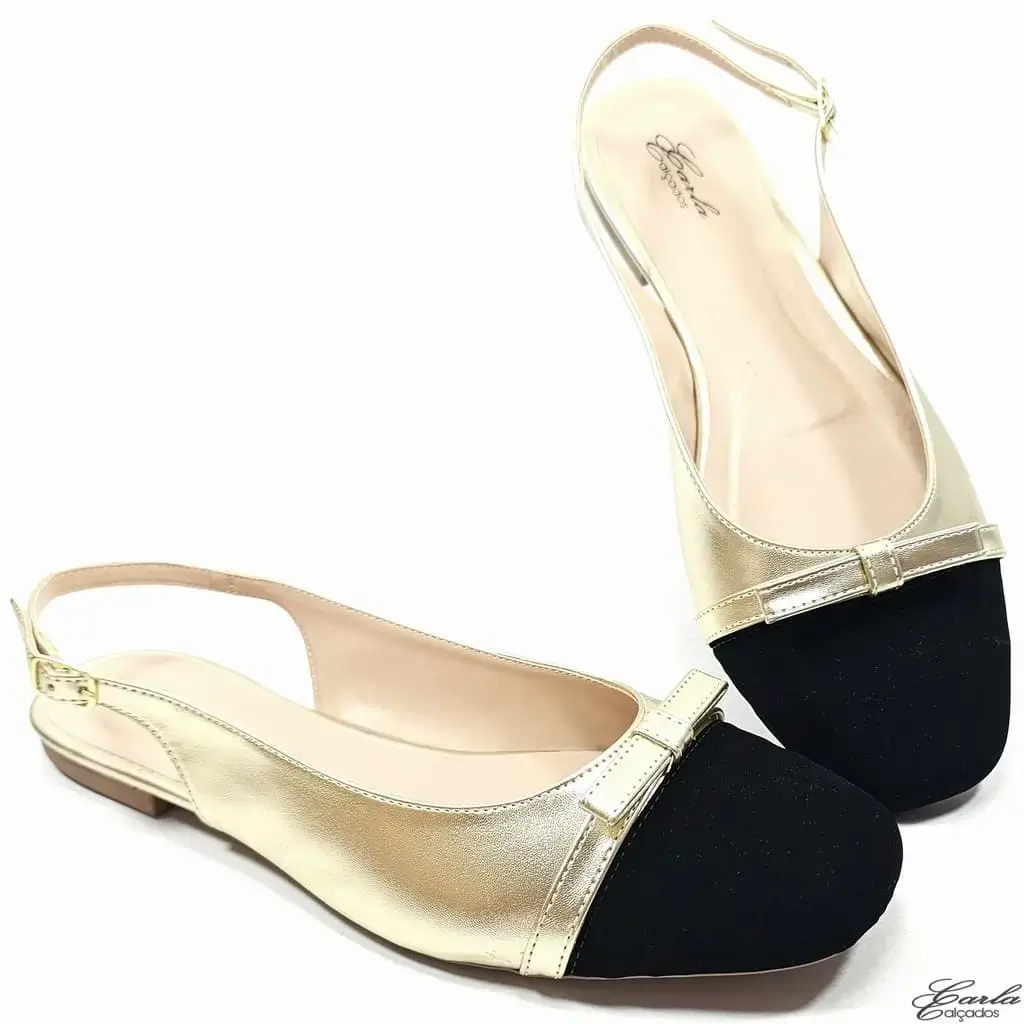 Sapatilha Slingback Dourada Bico Preto Tamanho Especial