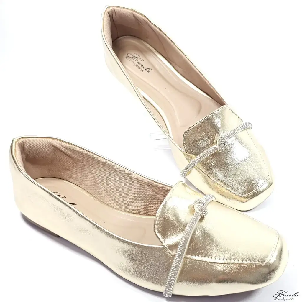 Sapatilha Mocassim Dourada Tira Strass Tamanho Especial