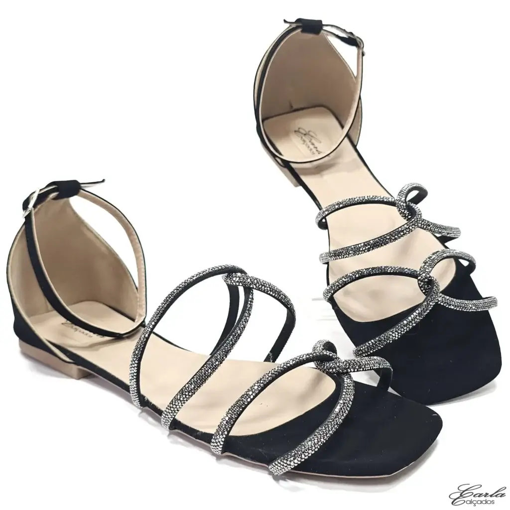 Rasteirinha Sandália Preta Nobuck Strass Entrelace Tamanho Especial