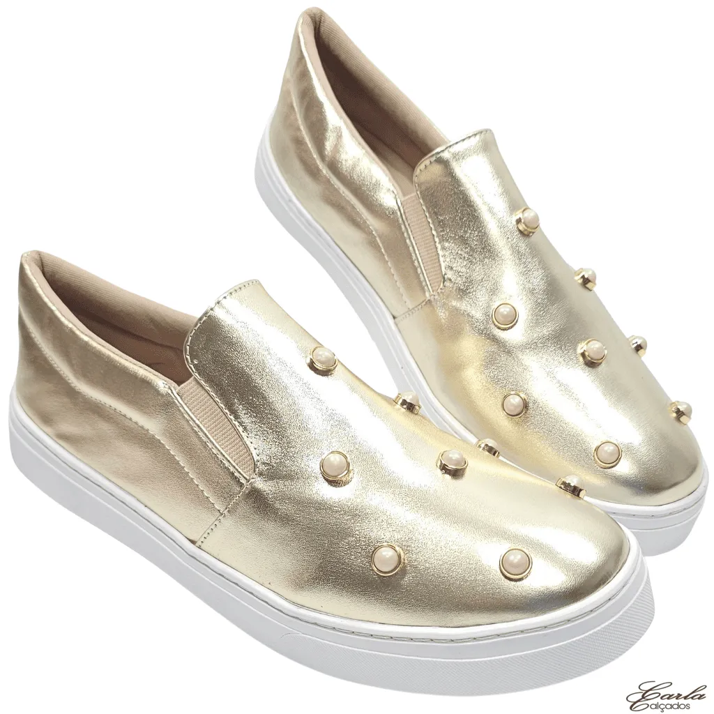 Slip On Dourado Pérolas Tamanho Especial