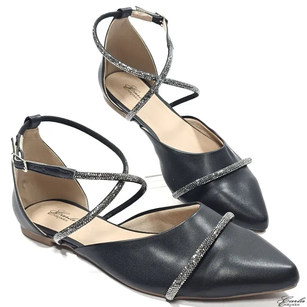 Sapatilha Salomé Slingback Preta Strass Tamanho Especial