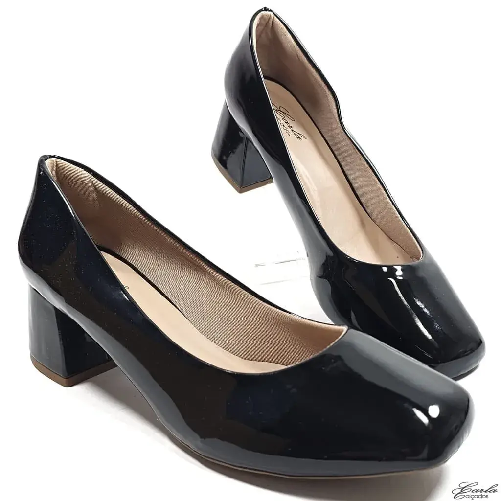 Scarpin 5cm Verniz Preto Bico Quadrado Tamanho Especial