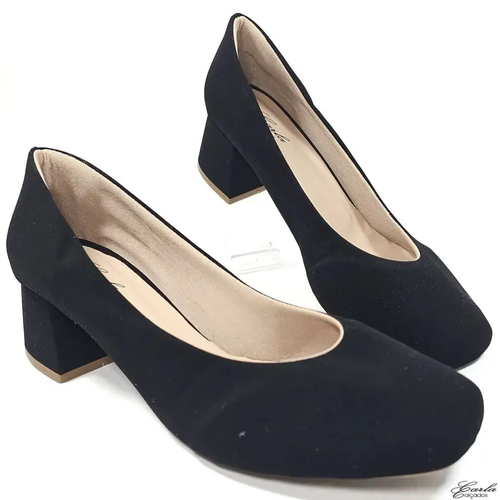 Scarpin 5cm Nobuck Preto Bico Quadrado Tamanho Especial