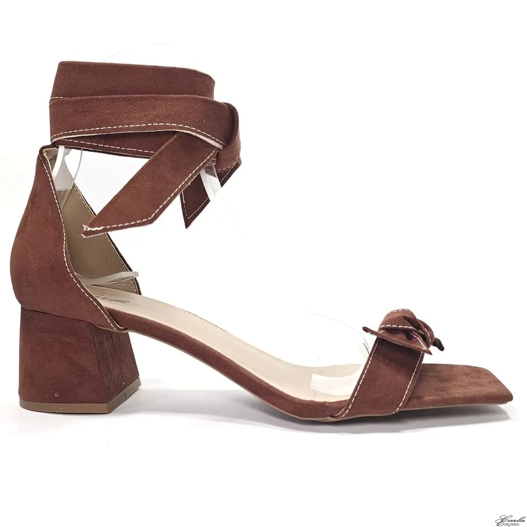 Sandália de Amarrar Salto 5cm Nobuck Marrom Tamanho Especial