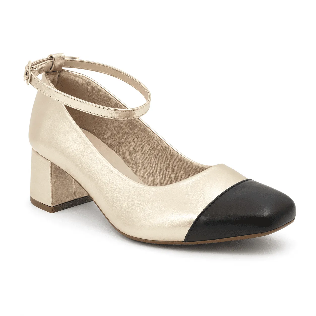 Scarpin Tamanho Especial Salto Bloco 5cm Dourado - Preto