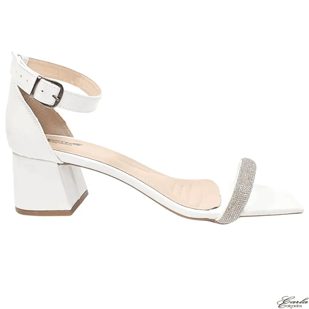 Sandália Branca Strass Salto Bloco 5cm Tamanho Especial 41 ao 44