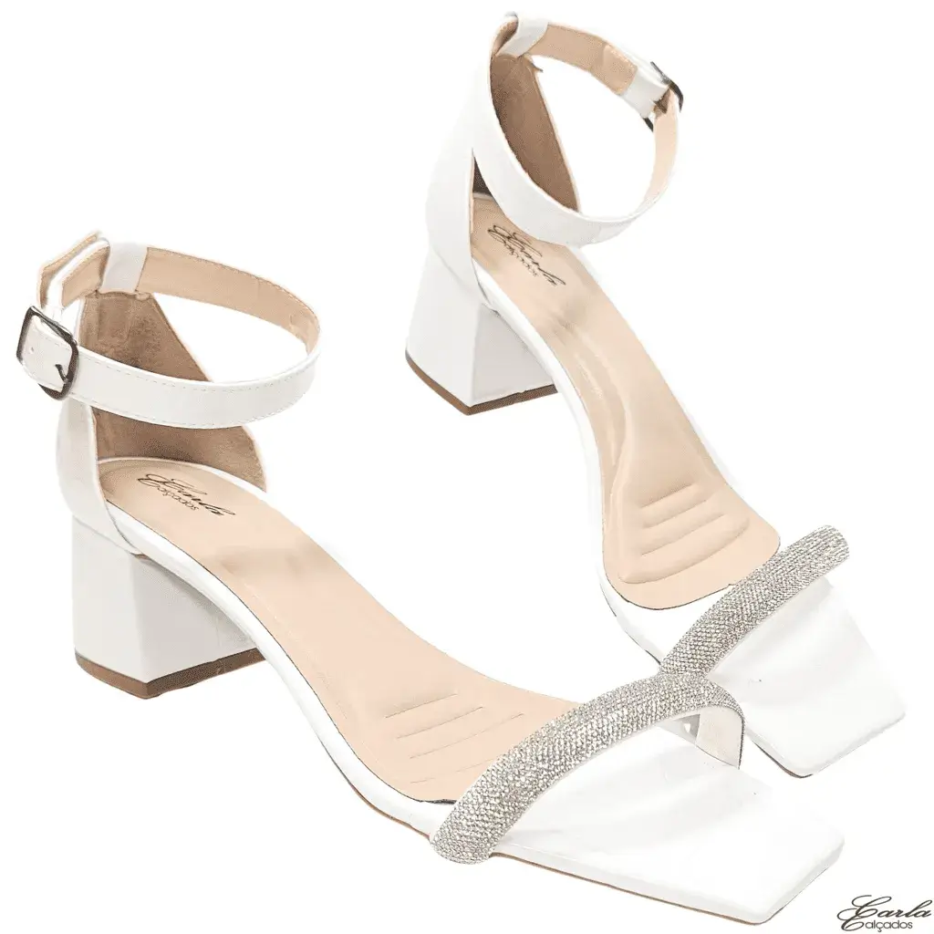 Sandália Branca Strass Salto Bloco 5cm Tamanho Especial 41 ao 44