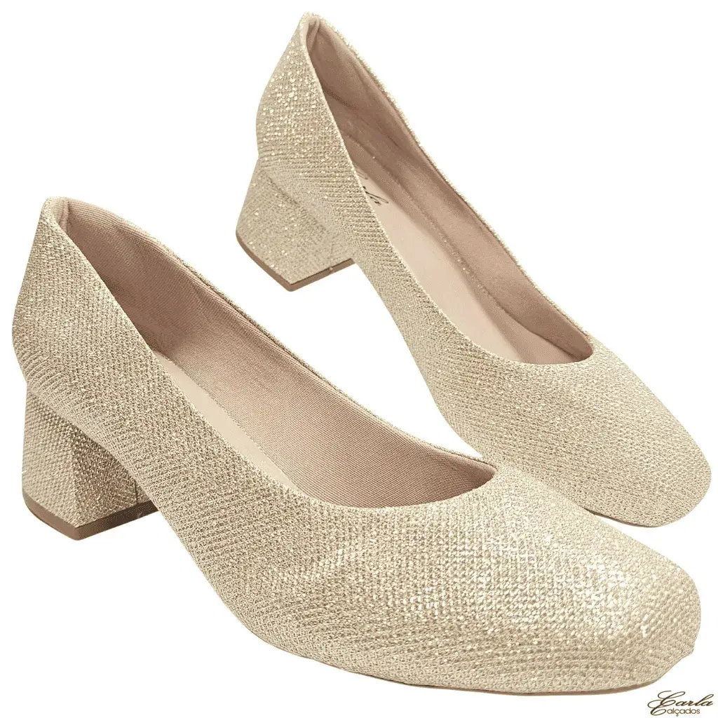 Scarpin 5cm Brilho Dourado Bico Quadrado Tamanho Especial