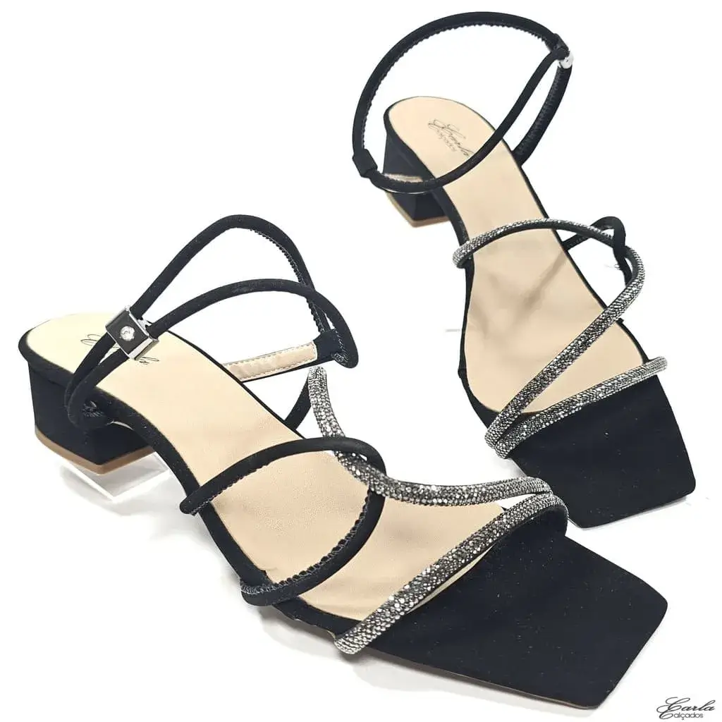 Sandália Salto 3cm Preta Strass Tamanho Especial 41 ao 44