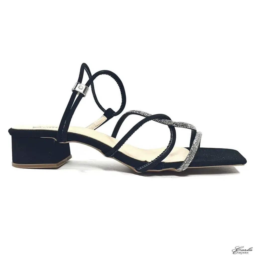 Sandália Salto 3cm Preta Strass Tamanho Especial 41 ao 44
