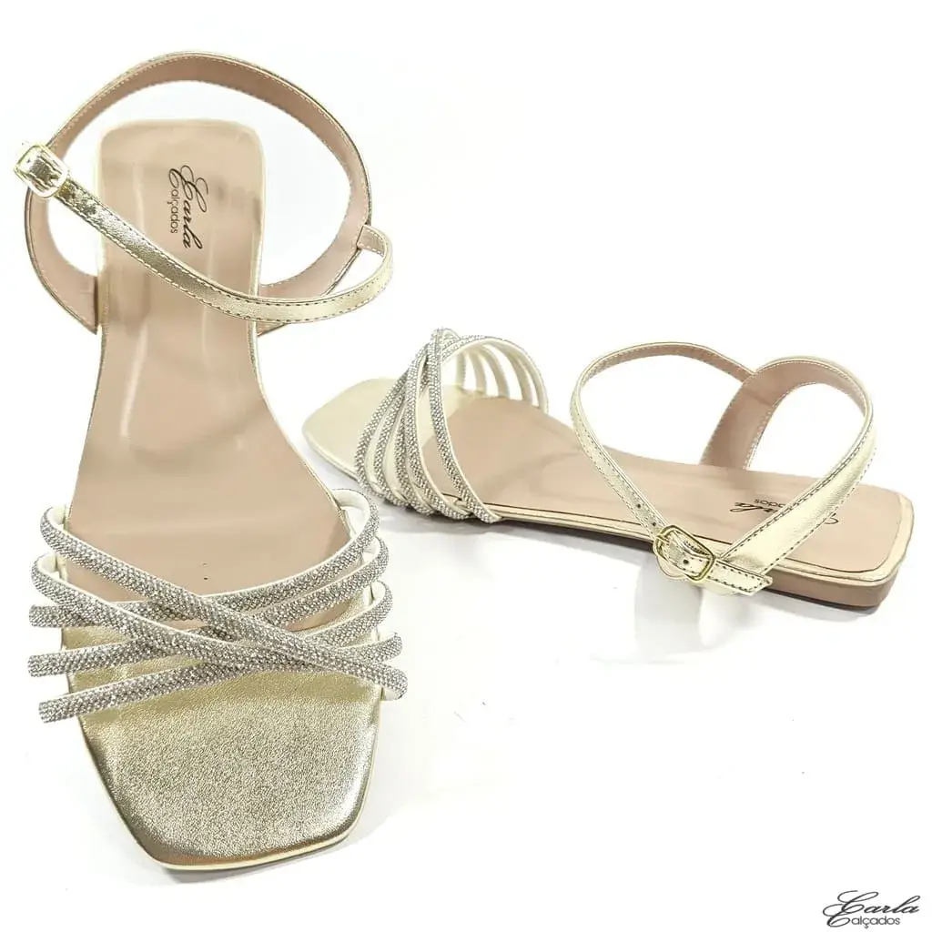 Rasteirinha Sandália Dourada Strass Tamanho Especial Rasteirinha Sandália Dourada Strass Tamanho Especial
