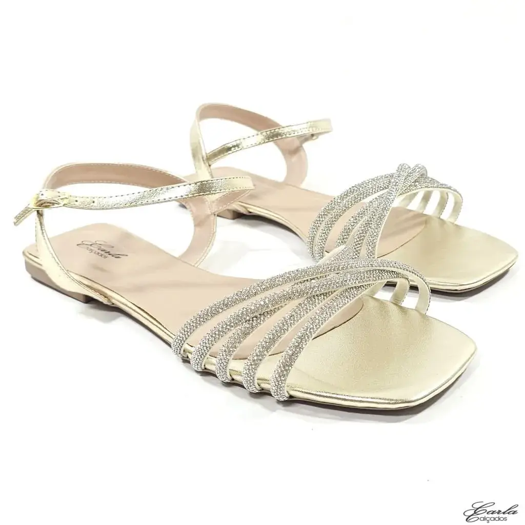 Rasteirinha Sandália Dourada Strass Tamanho Especial Rasteirinha Sandália Dourada Strass Tamanho Especial