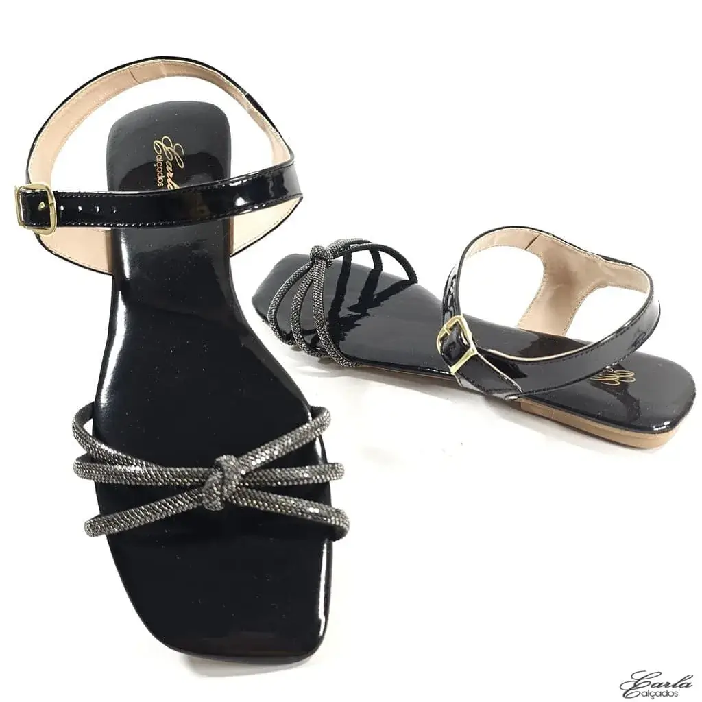 Rasteirinha Sandália Preta Verniz Strass Tamanho Especial Rasteirinha Sandália Preta Verniz Strass Tamanho Especial