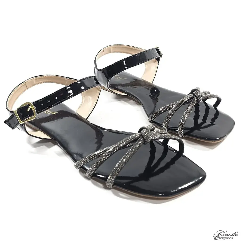 Rasteirinha Sandália Preta Verniz Strass Tamanho Especial Rasteirinha Sandália Preta Verniz Strass Tamanho Especial