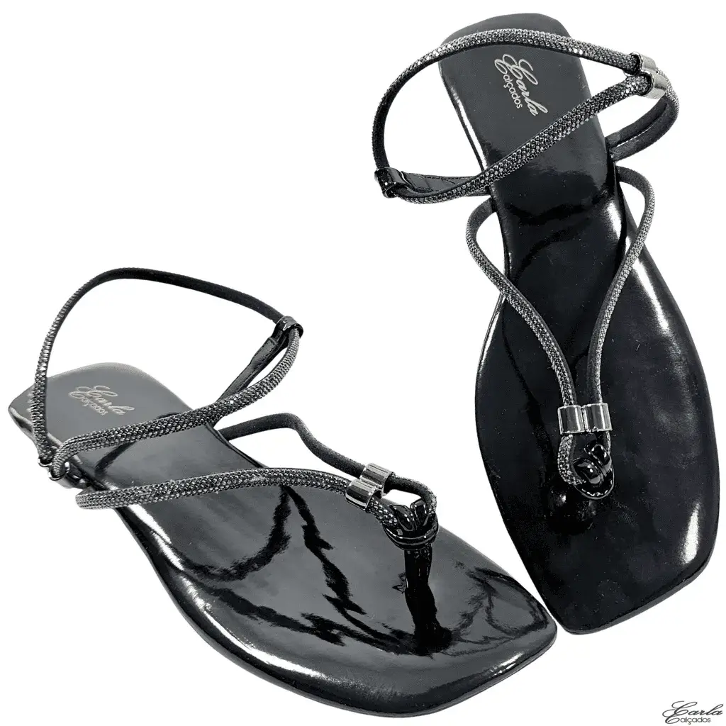 Rasteirinha Preta Verniz Strass Tamanho Especial 41 ao 44