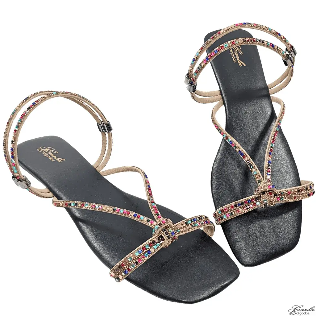 Rasteirinha Preta Pedraria Colorida Strass Tamanho Especial 41 ao 44