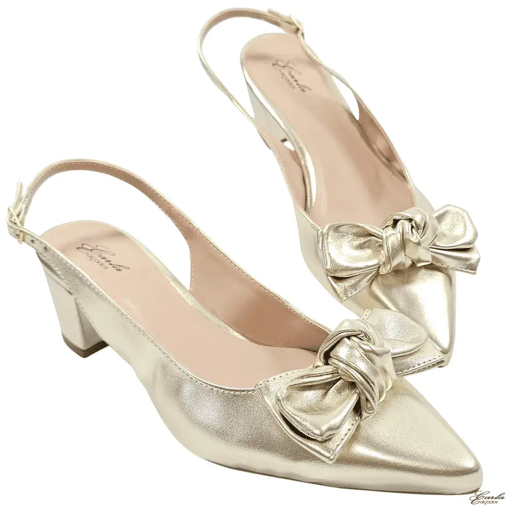 Scarpin Slingback Salto Bloco 5cm Dourado Numeração Especial