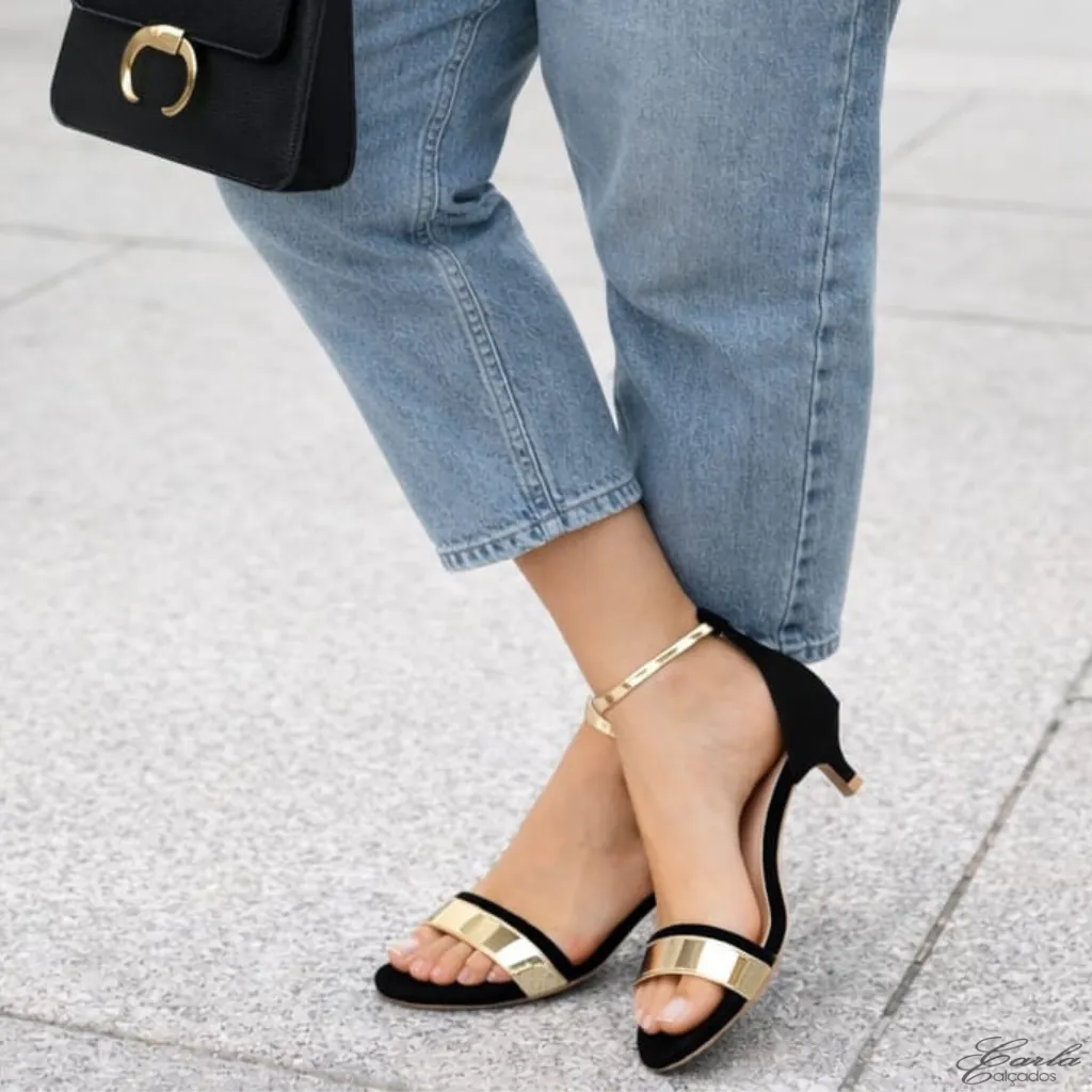 Sandália Salto 3cm Fino Tamanho Especial Preta Dourada