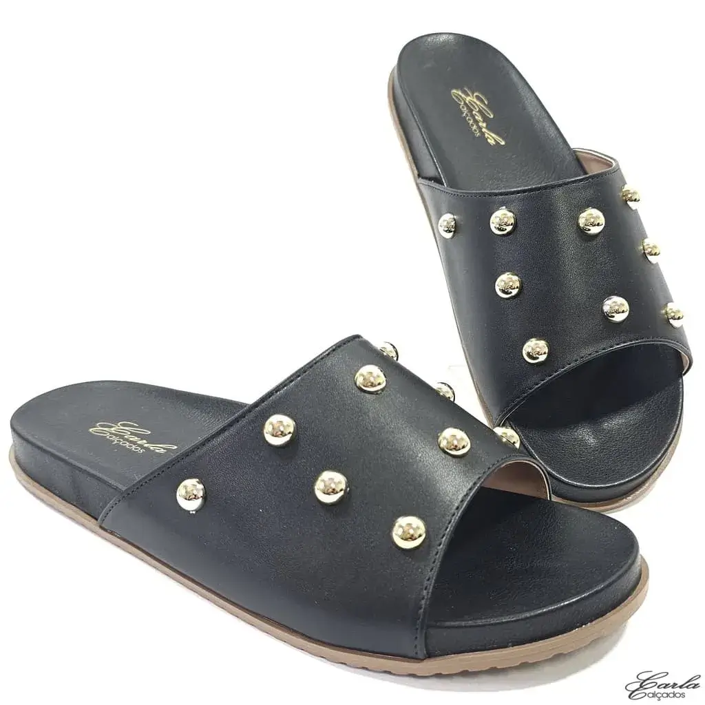 Papete Slide Tamanho Especial Preta Tachas
