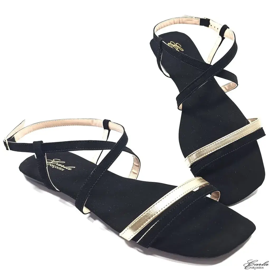 Rasteirinha Sandália Preta Dourada Tamanho Especial