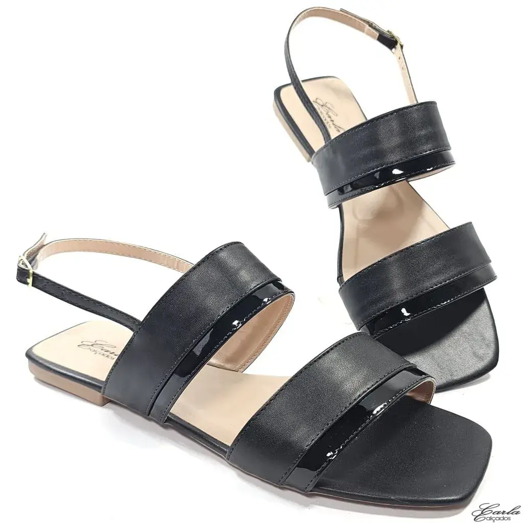 Rasteirinha Sandália Preta Tiras Largas Tamanho Especial