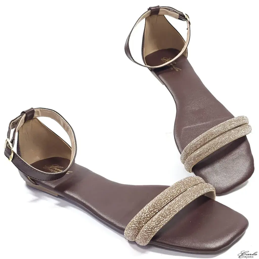Rasteirinha Sandália Marrom Strass Tamanho Especial