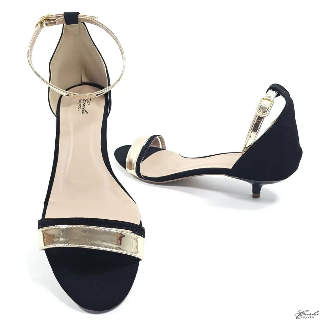 Sandália Salto 3cm Fino Tamanho Especial Preta Dourada Sandália Salto 3cm Fino Tamanho Especial Preta Dourada