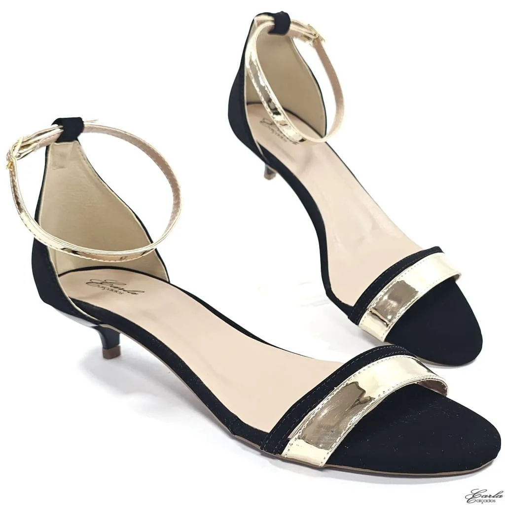 Sandália Salto 3cm Fino Tamanho Especial Preta Dourada Sandália Salto 3cm Fino Tamanho Especial Preta Dourada