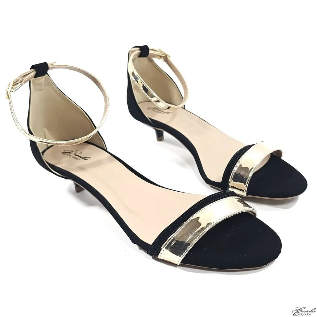 Sandália Salto 3cm Fino Tamanho Especial Preta Dourada Sandália Salto 3cm Fino Tamanho Especial Preta Dourada
