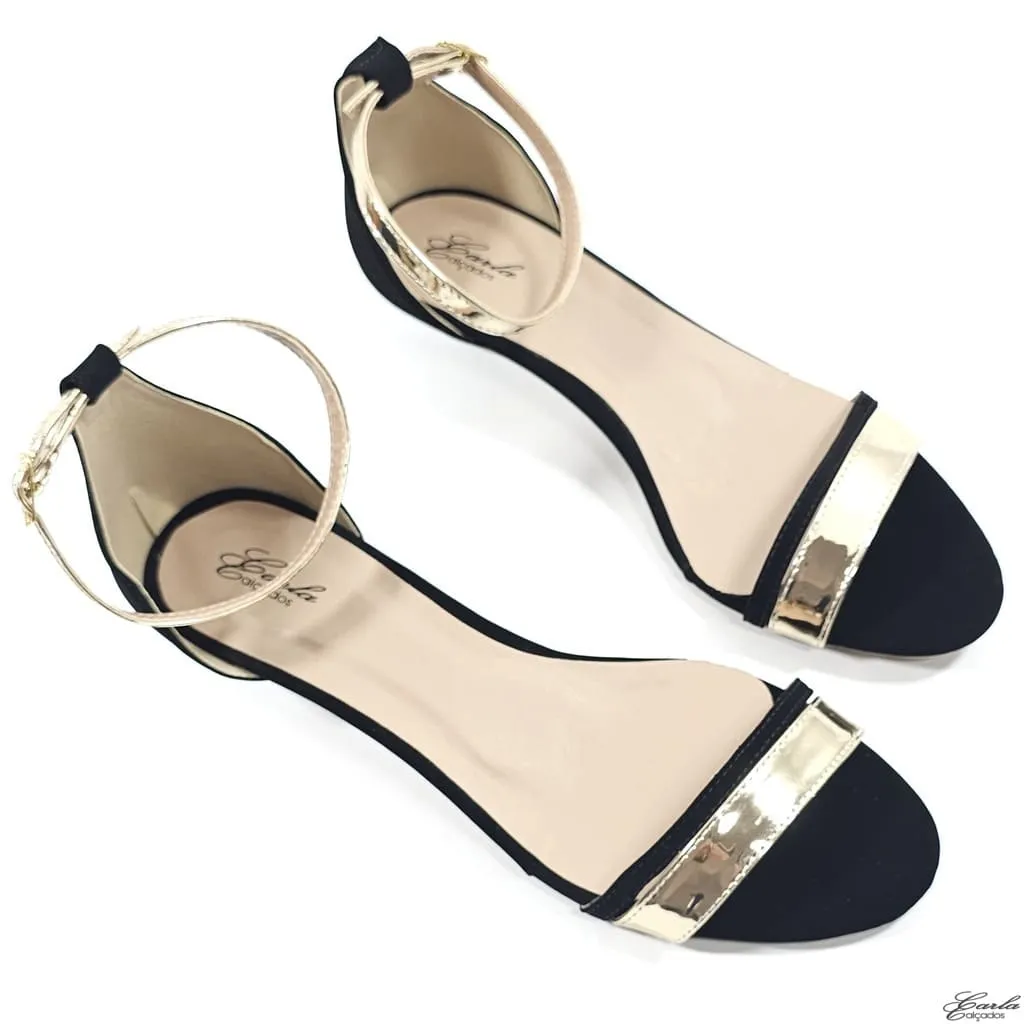 Sandália Salto 3cm Fino Tamanho Especial Preta Dourada Sandália Salto 3cm Fino Tamanho Especial Preta Dourada
