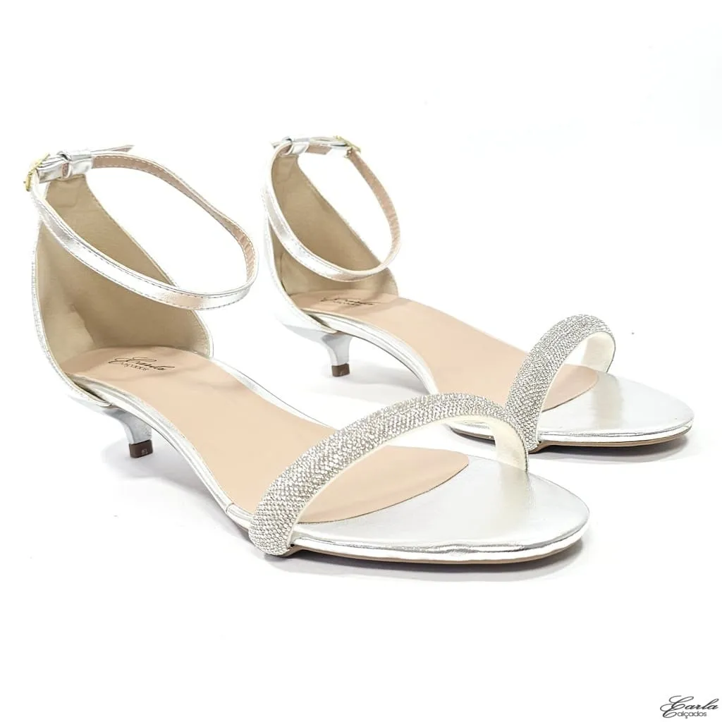Sandália Salto 3cm Prata Strass Tamanho Especial