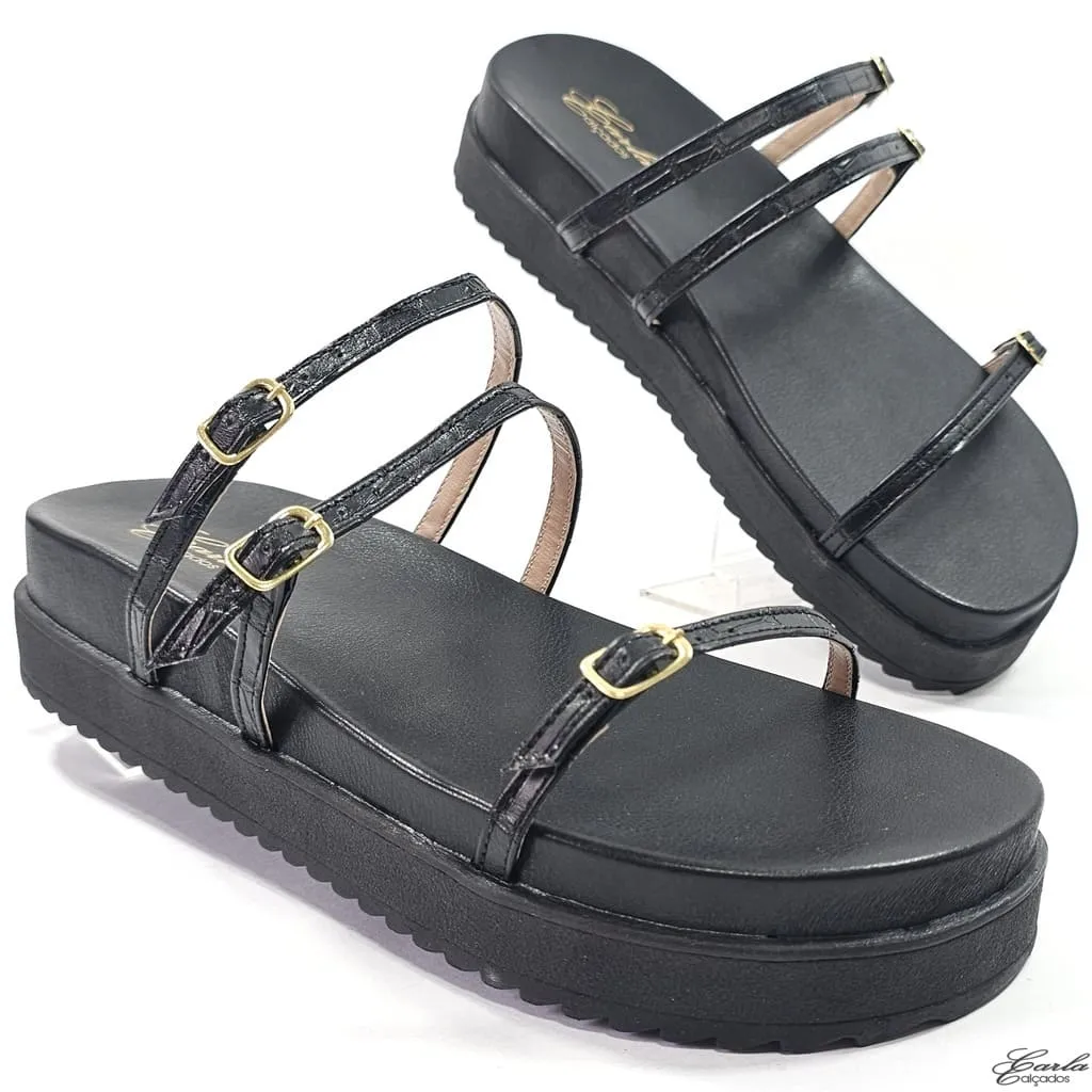 Plataforma Papete Boho Chic Tamanho Especial Preta Fivelas