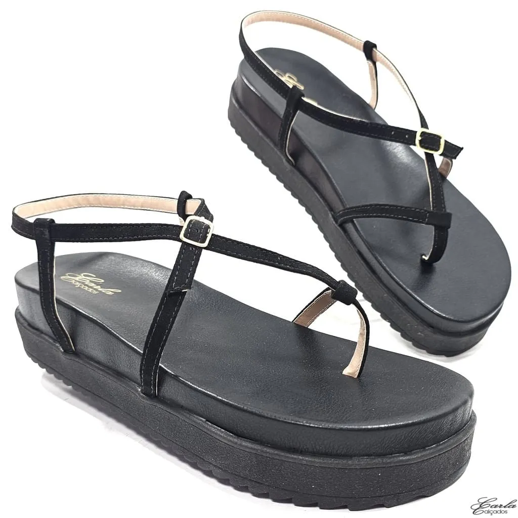 Plataforma Papete Boho Chic Preta Thong Tamanho Especial
