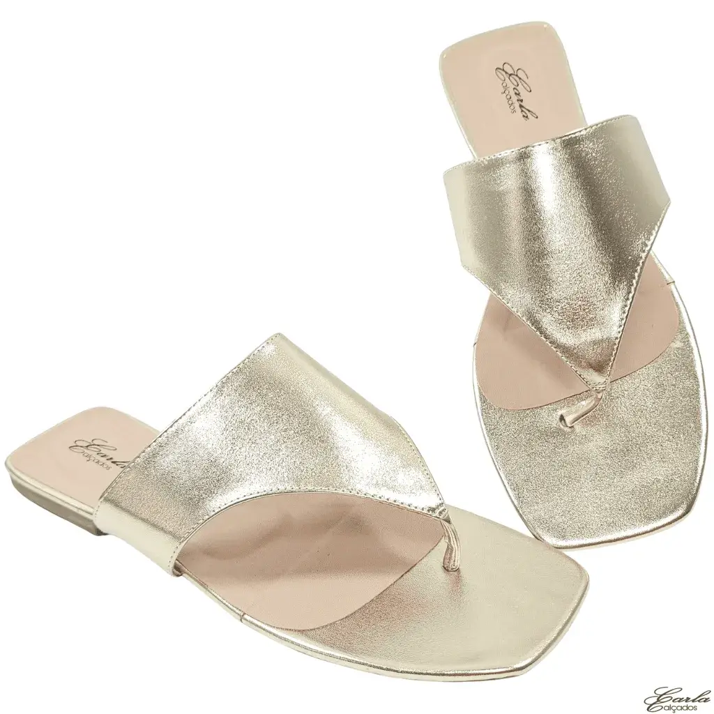 Rasteira Thong Metalizada Dourada Larga Tamanho Especial