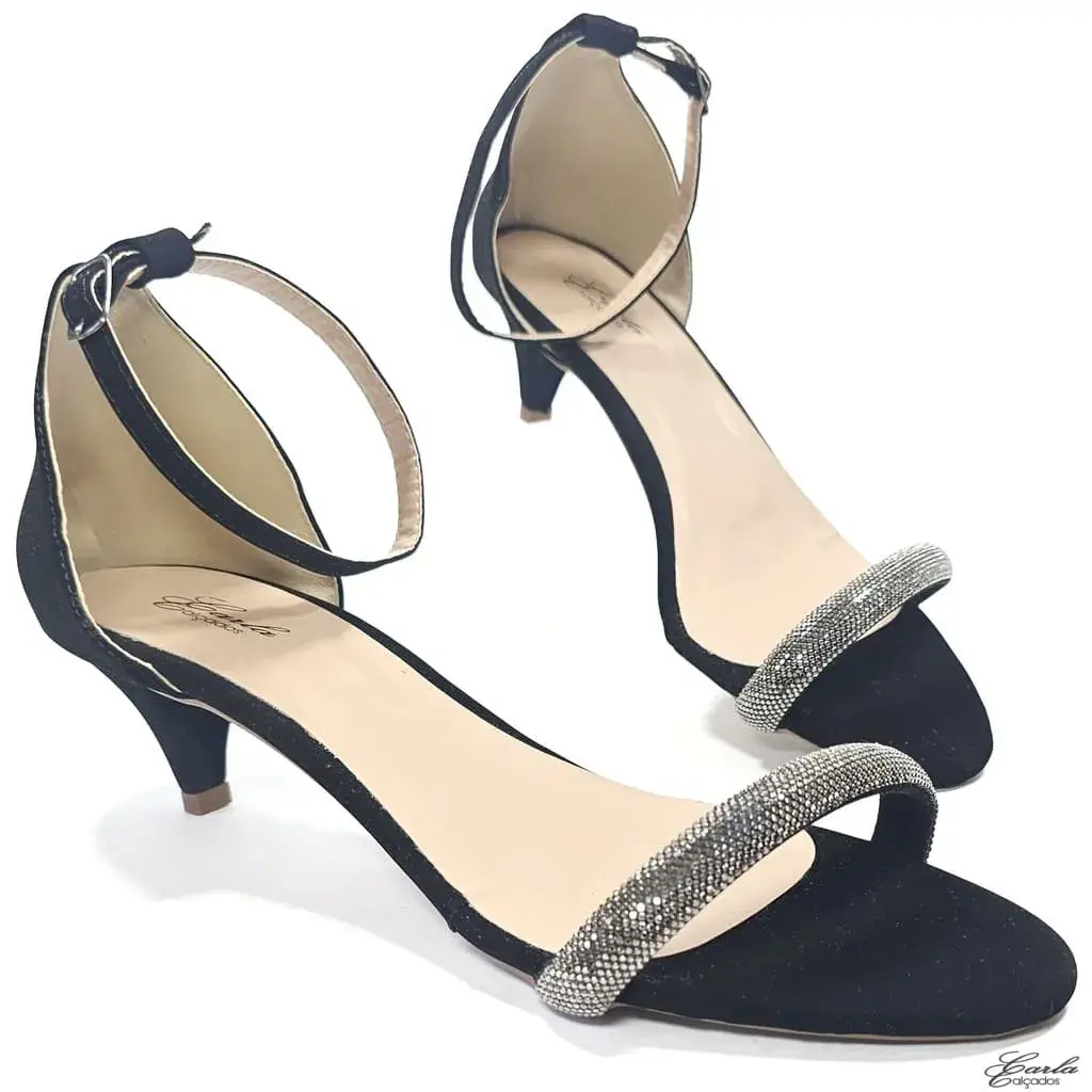 Sandália Salto 5cm Preta Strass Tamanho Especial