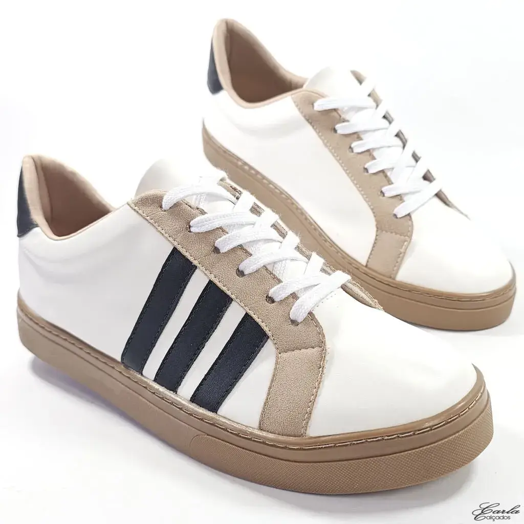 Tênis Branco Listras Preto Sola Bege Tamanho Especial