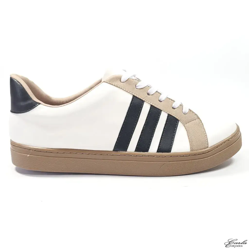 Tênis Branco Listras Preto Sola Bege Tamanho Especial