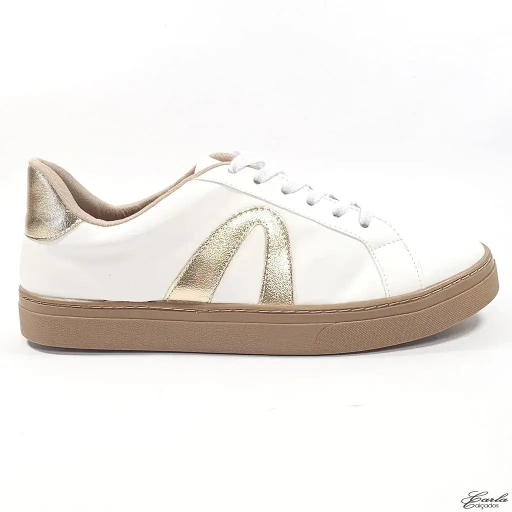 Tênis Casual Branco Dourado Sola Bege Tamanho Especial