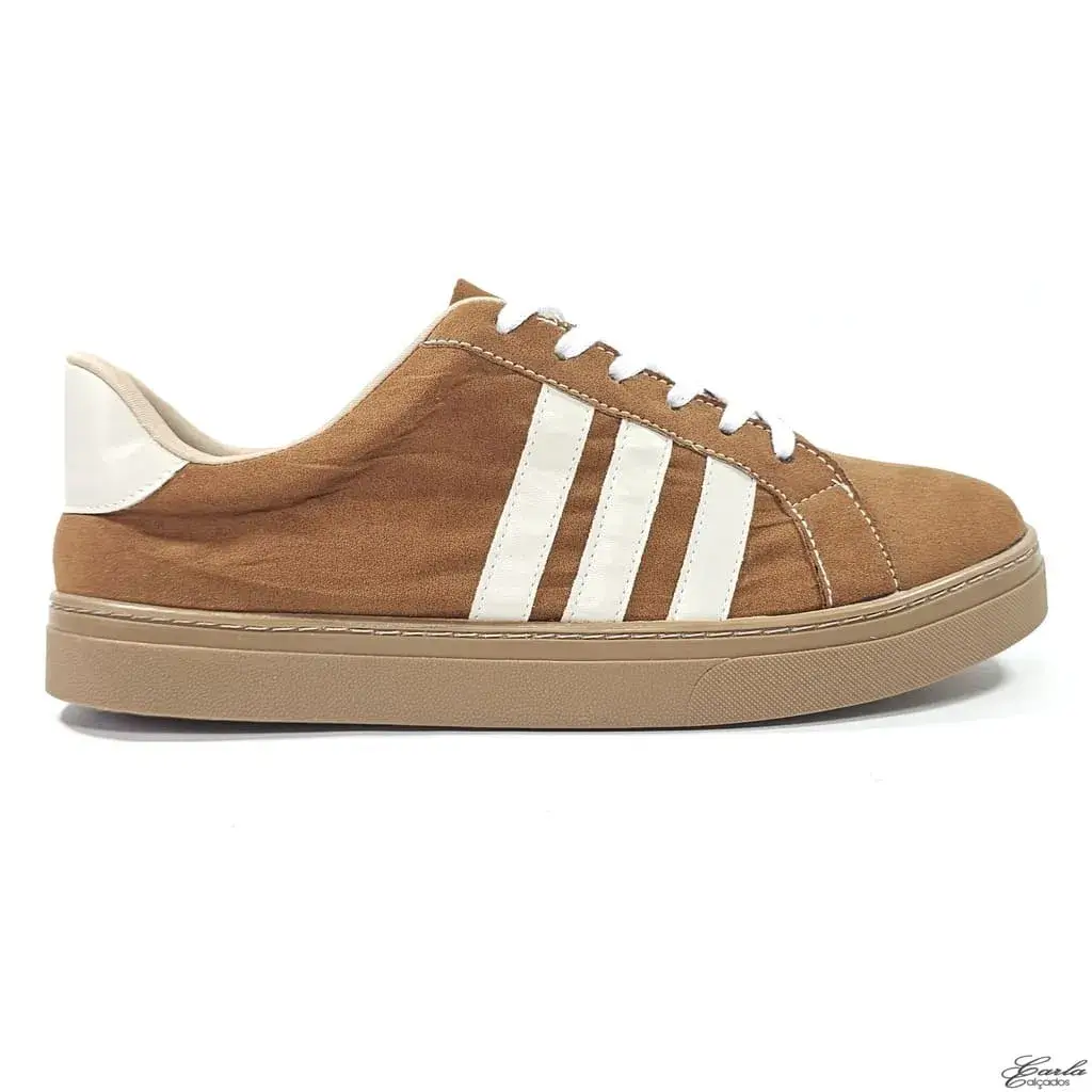 Tênis Casual Caramelo Listras Sola Bege Tamanho Especial