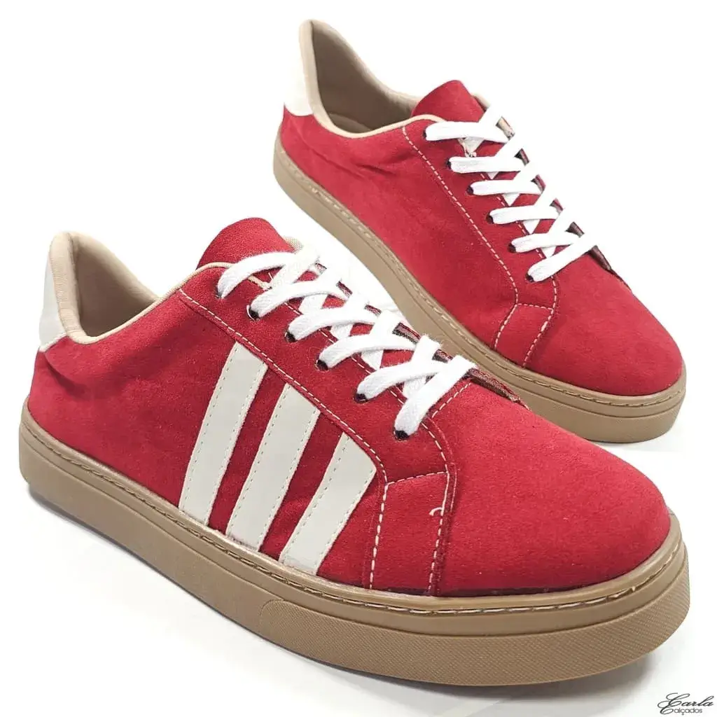 Tênis Casual Vermelho Listras Sola Bege Tamanho Especial