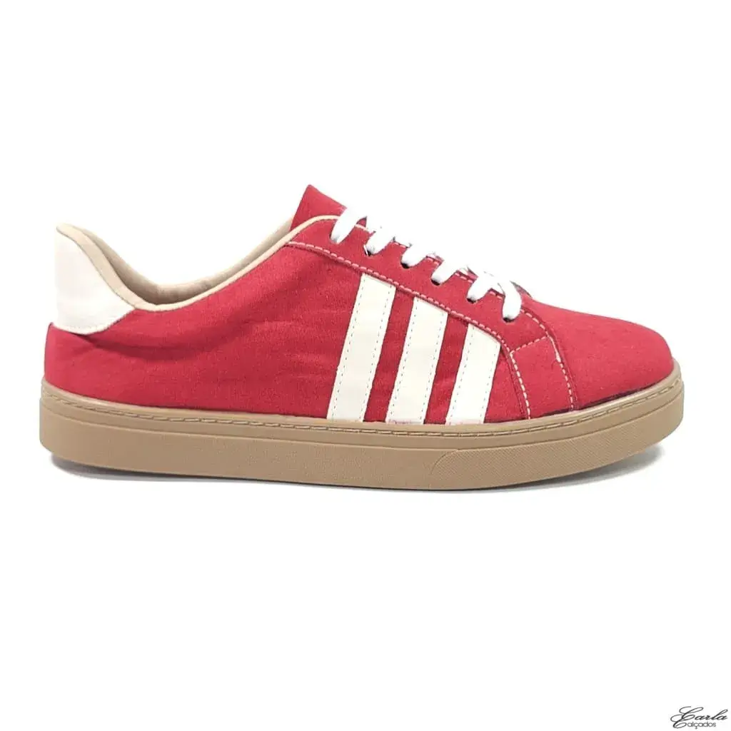 Tênis Casual Vermelho Listras Sola Bege Tamanho Especial