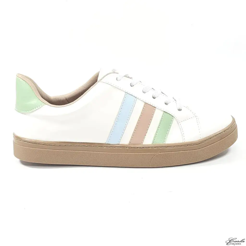Tênis Casual Branco Listras Coloridas Sola Bege Tamanho Especial
