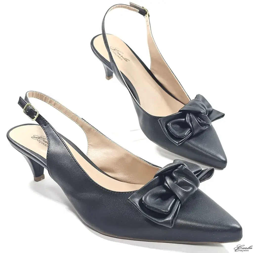 Scarpin Slingback 5cm Preto Laço Tamanho Especial