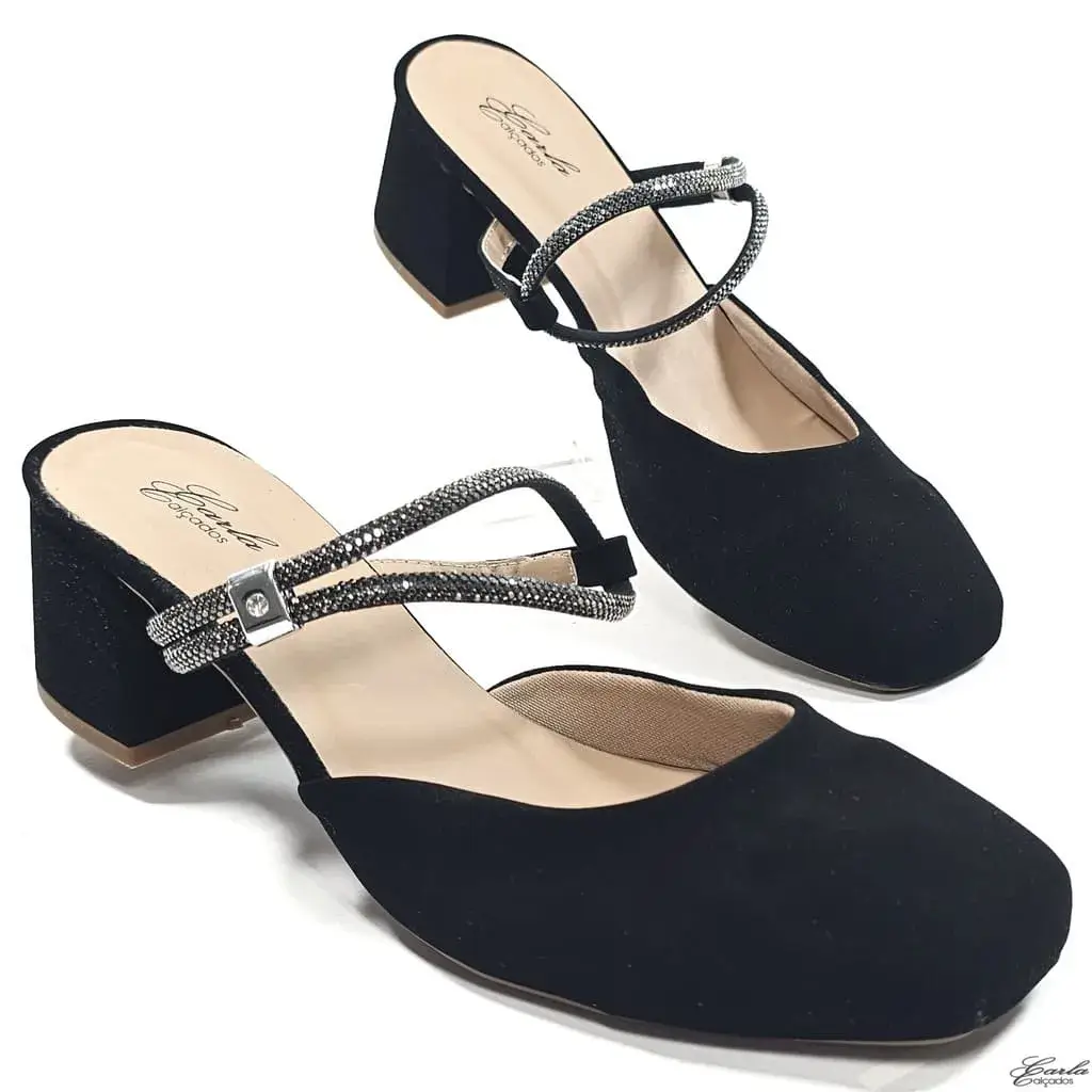 Scarpin Slingback Salto Bloco 5cm Preto Tamanho Especial