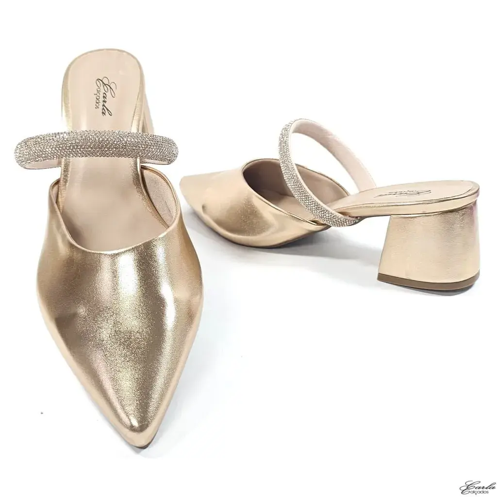 Scarpin Salto Bloco 5cm Metalizado Cobre Strass Tamanho Especial Scarpin Salto Bloco 5cm Metalizado Cobre Strass Tamanho Especial