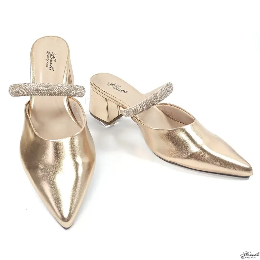 Scarpin Salto Bloco 5cm Metalizado Cobre Strass Tamanho Especial Scarpin Salto Bloco 5cm Metalizado Cobre Strass Tamanho Especial