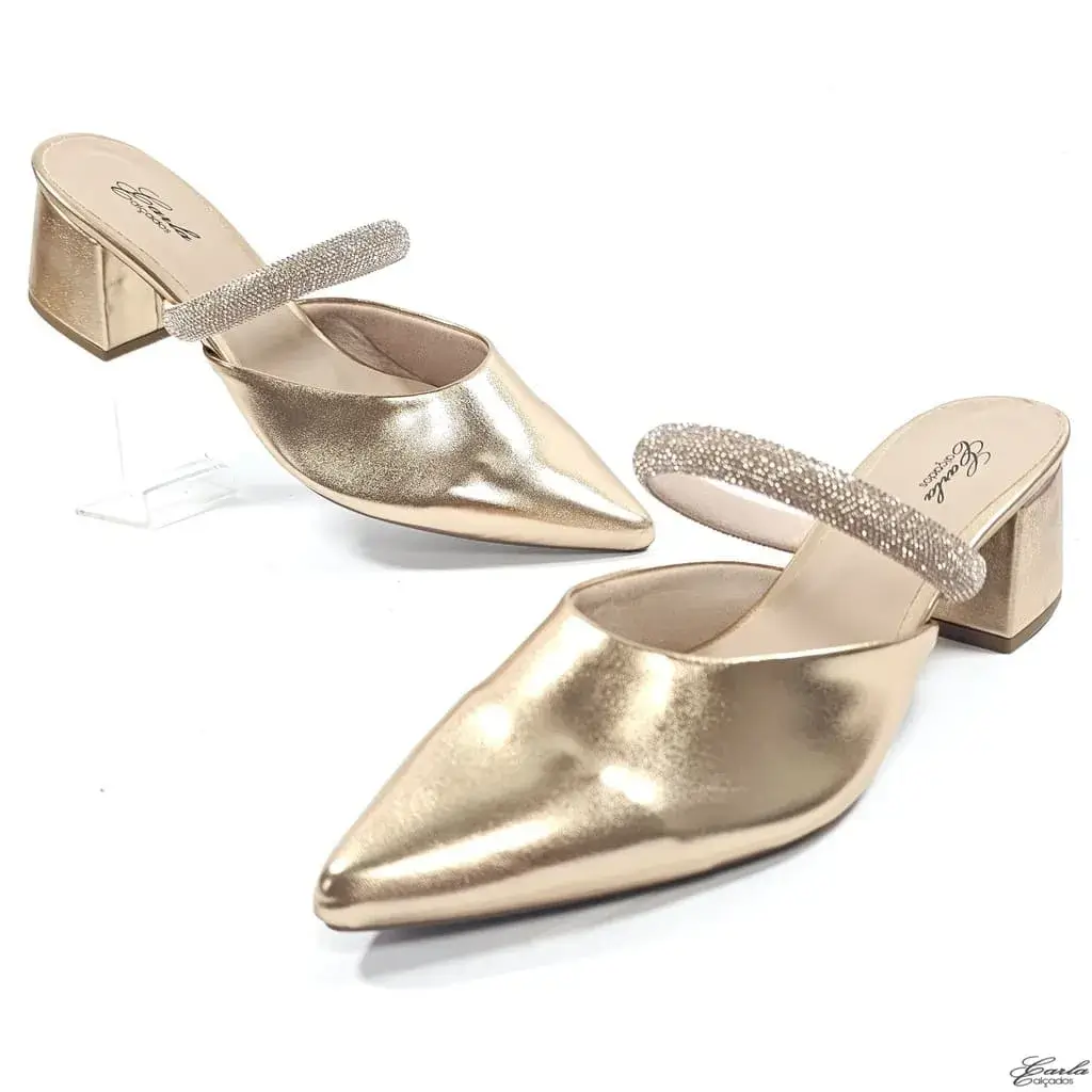 Scarpin Salto Bloco 5cm Metalizado Cobre Strass Tamanho Especial Scarpin Salto Bloco 5cm Metalizado Cobre Strass Tamanho Especial