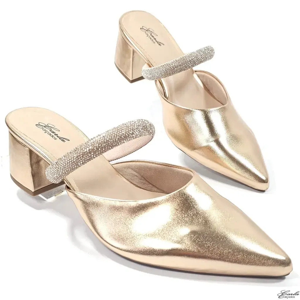 Scarpin Salto Bloco 5cm Metalizado Cobre Strass Tamanho Especial